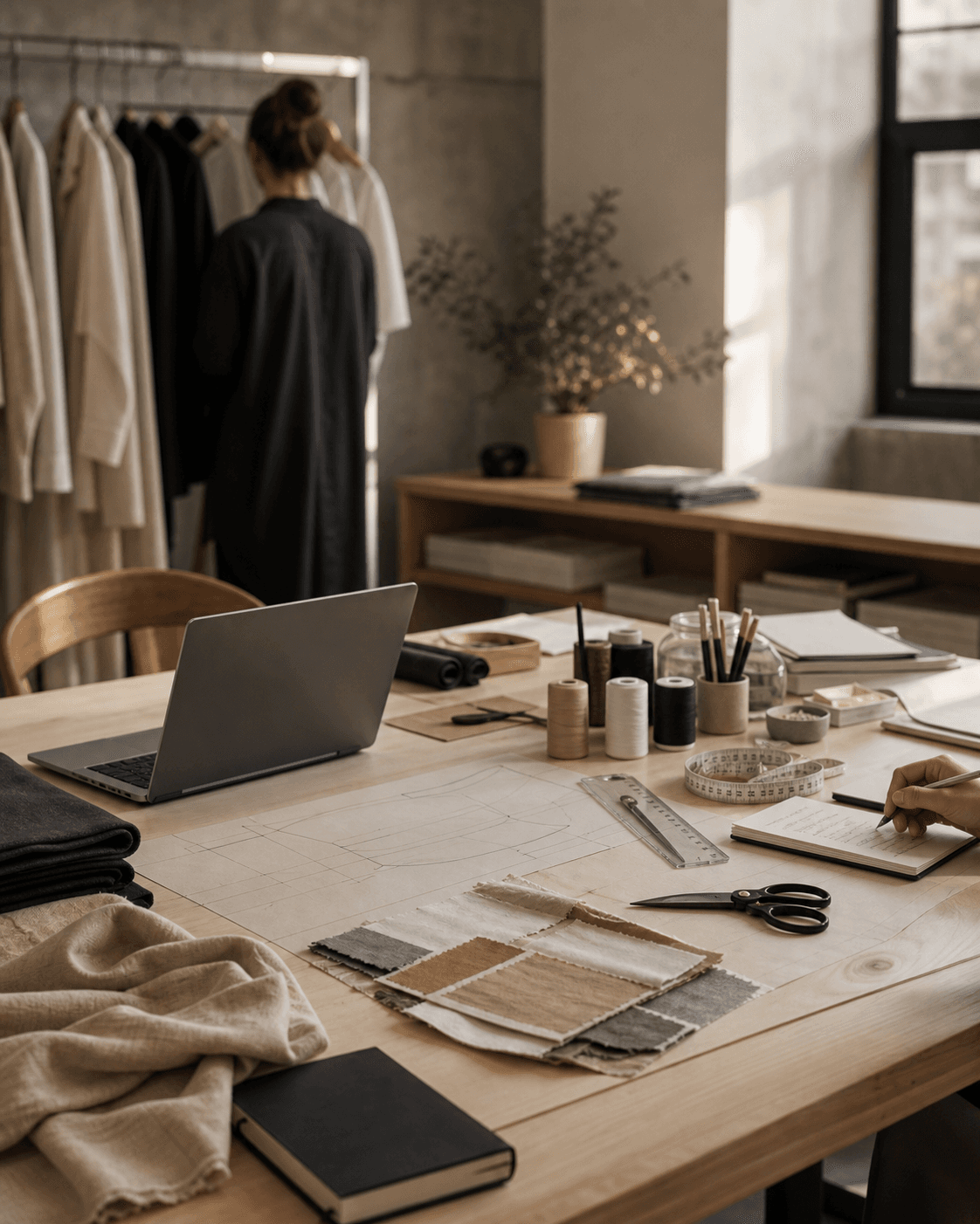 Ateliê com mesa de corte e linhas