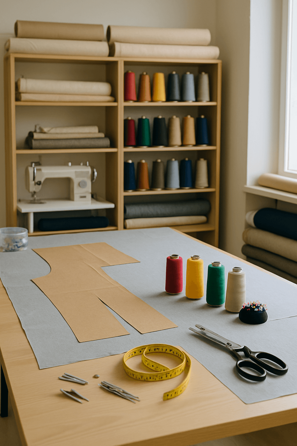 Ateliê com mesa de corte e linhas