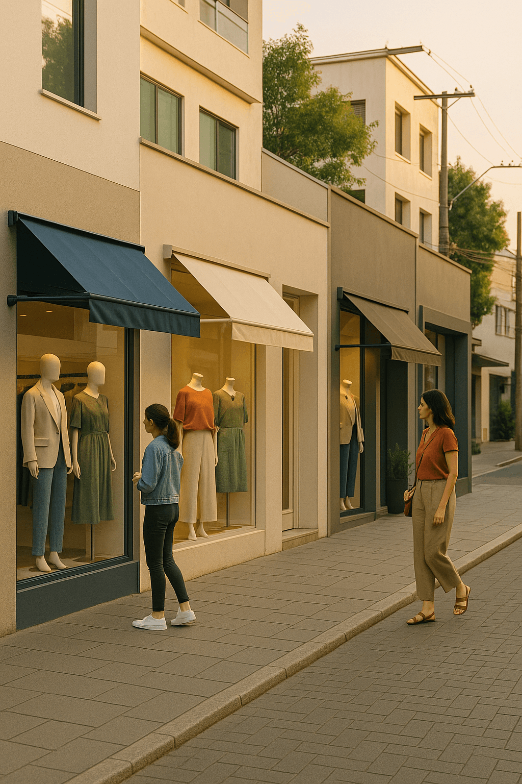 Rua com pequenas lojas de moda