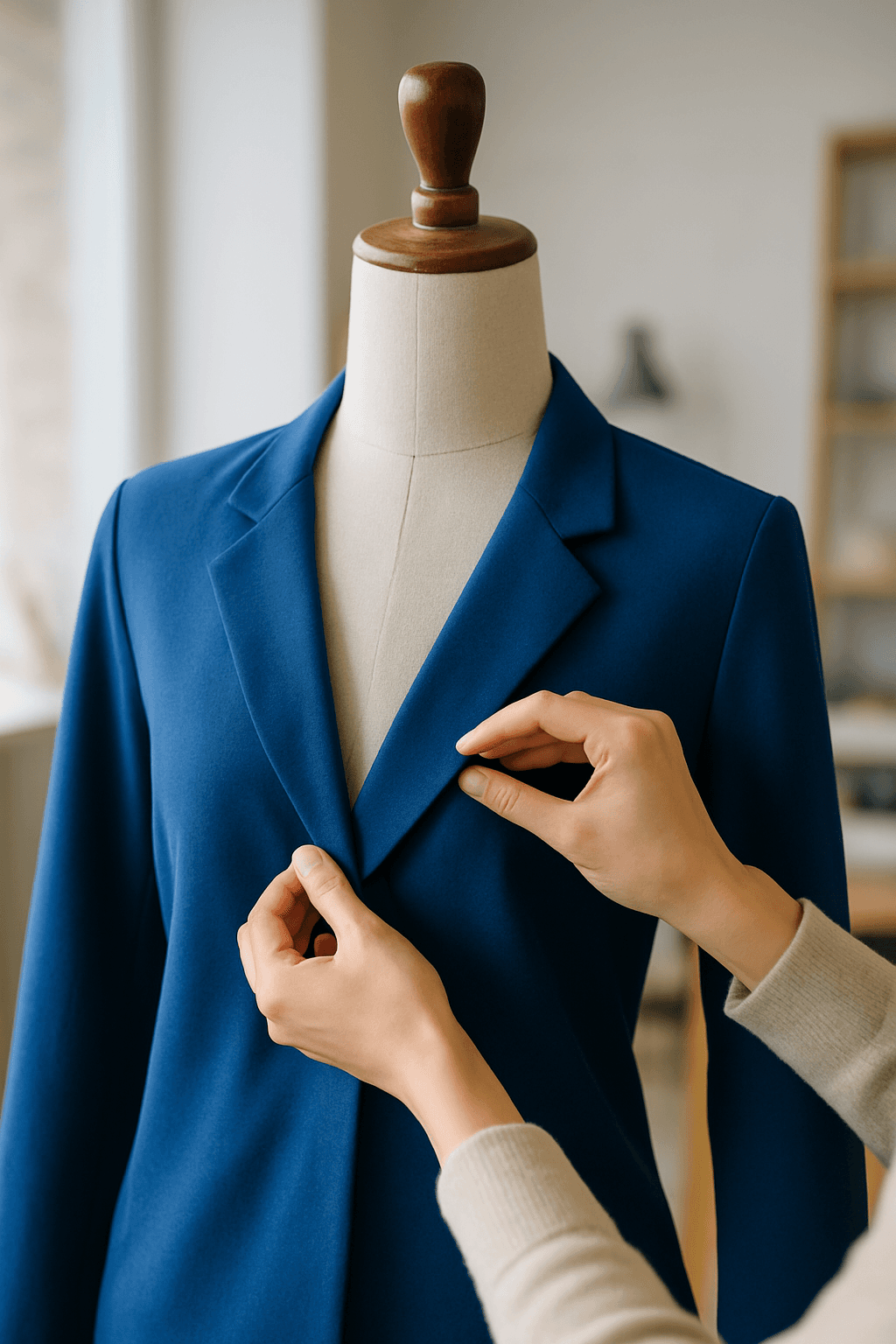 Mãos ajustando tecido em manequim